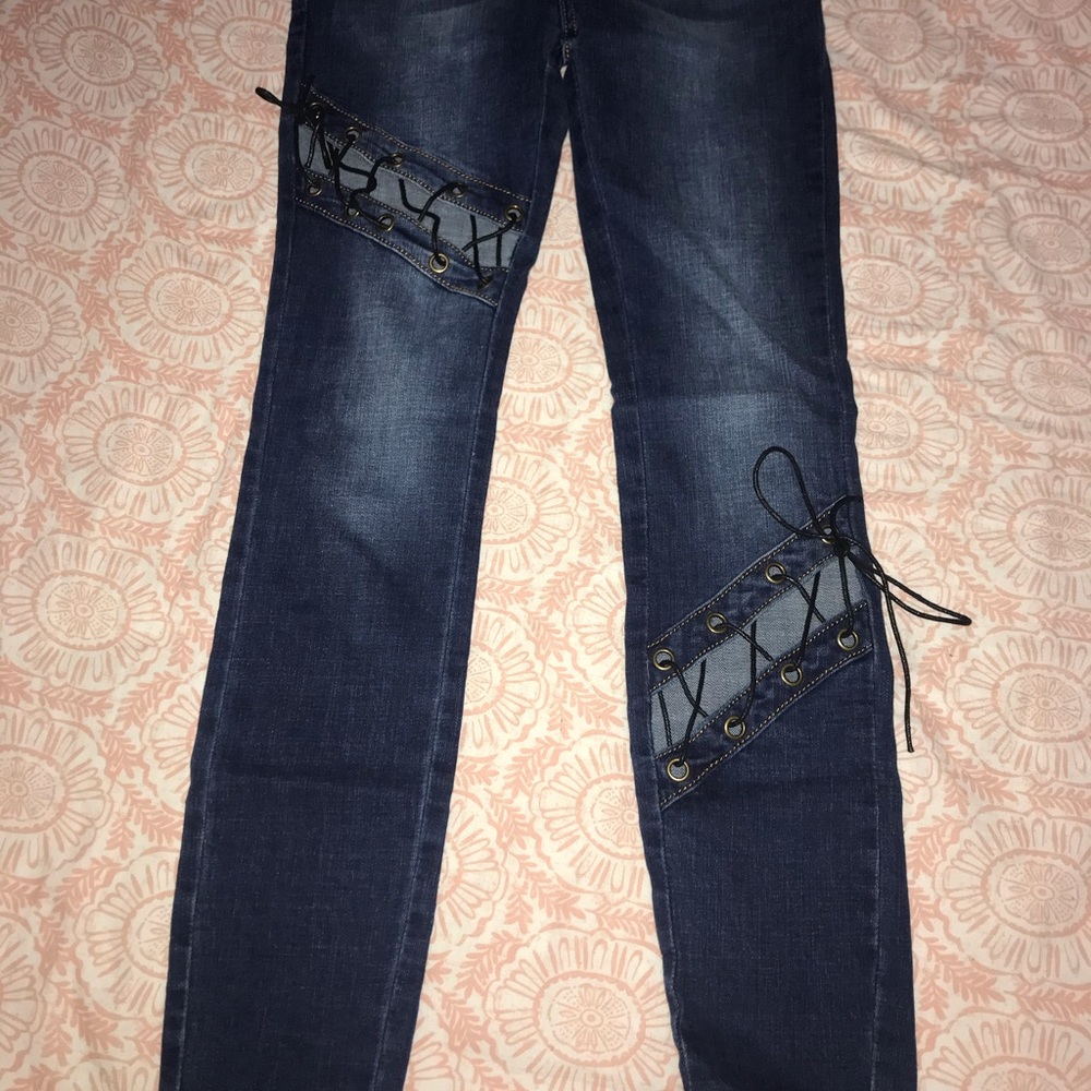Dark denim partial lace up jeans. Worn Once !